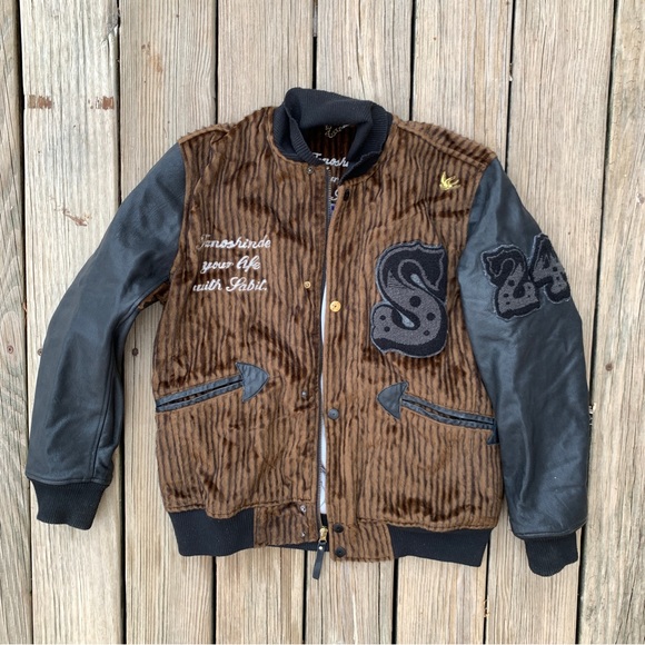 Sabit NYC varsity letter bomber jacket Men’s S Brown Black logo - Picture 1 of 16